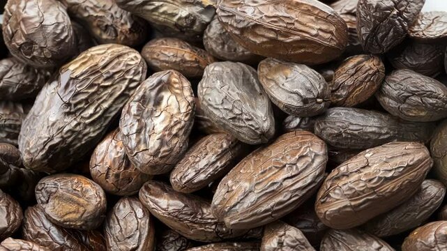 Close up view of dried kola nuts creates a textured and visually appealing background, showcasing the unique patterns and earthy tones of these tropical seeds