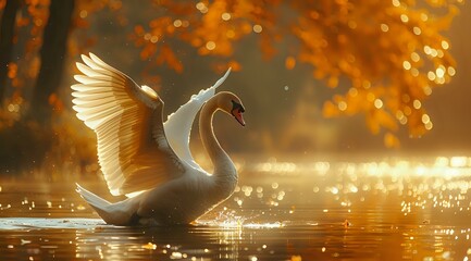 A majestic swan gracefully gliding on a golden-lit lake surrounded by autumn foliage. Perfect for themes of serenity, natural beauty, and seasonal elegance.