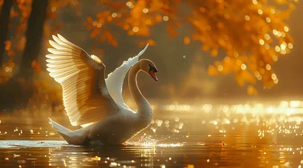 Fototapete Rund A majestic swan gracefully gliding on a golden-lit lake surrounded by autumn foliage. Perfect for themes of serenity, natural beauty, and seasonal elegance. © Yuliia