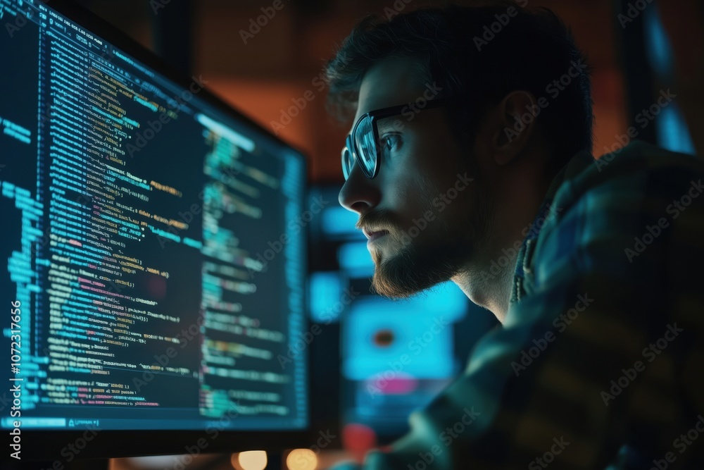 Poster programmer focused on coding at computer screen, dimly lit environment, intense concentration