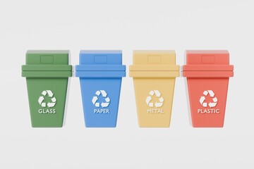 3D Realistic Recycling Bin Icon with multiple color variations. Minimal Cartoon Waste trash bin, Garbage container, Recycle bin icon. Emphasizing sustainability and eco-friendliness concept 3d render.