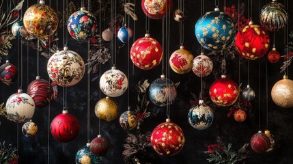 Colorful Christmas ornaments hanging on a dark background