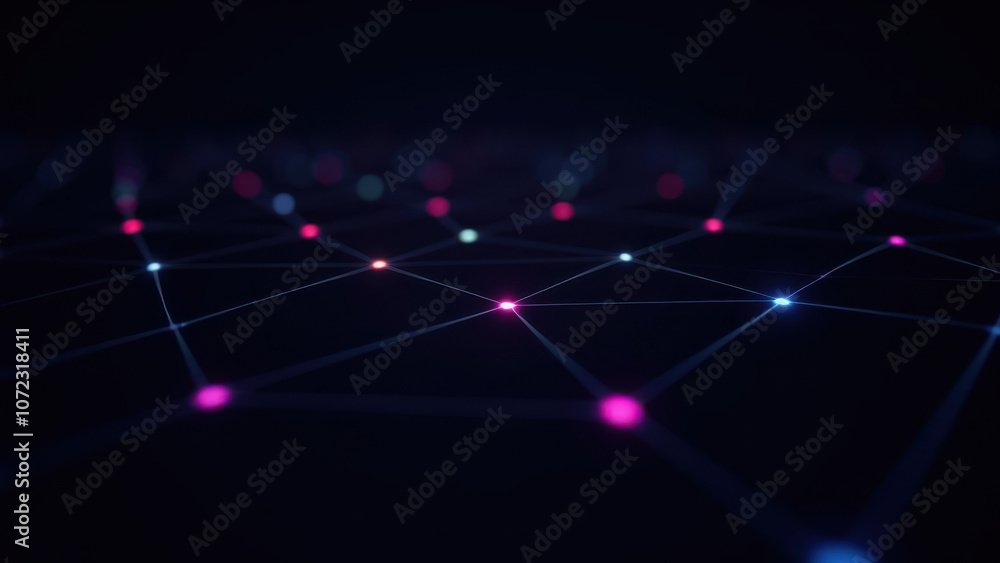 Poster abstract digital network with colorful glowing nodes.