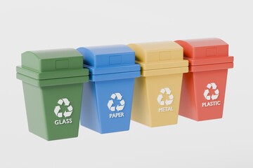 3D Realistic Recycling Bin Icon with multiple color variations. Minimal Cartoon Waste trash bin, Garbage container, Recycle bin icon. Emphasizing sustainability and eco-friendliness concept 3d render.