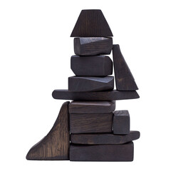 An abstract pyramid made of dark-colored wooden elements isolated on a white background.