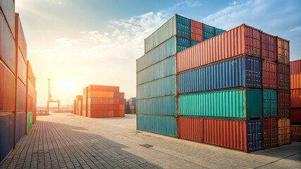 Fototapeta premium Colorful containers stacked in a cargo yard at sunset