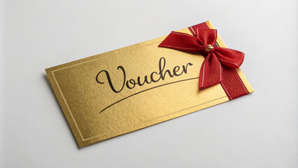 Elegant gold voucher with red ribbon and bow design