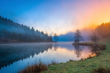 a lake with a forested hillside and mist.