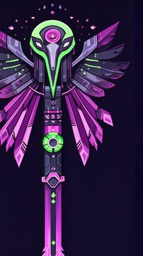 A stylized weapon with wings, a green mask, and a purple blade, against a black background