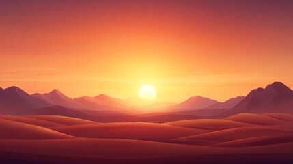 Obraz premium A serene desert landscape at sunset, featuring rolling dunes and distant mountains bathed in warm, golden hues.