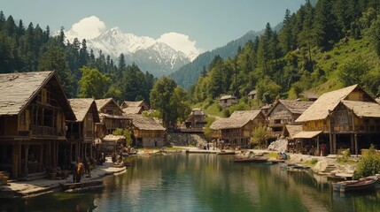 Obraz premium Picturesque mountain village with wooden houses, a lake, and snow-capped mountains in the background.