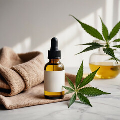Dropper bottle with blank label for cannabis oil with hemp leaves and burlap on table. 3D illustration