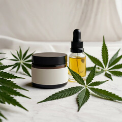 A jar with fats and wax isolated from cannabis and a dropper bottle with hemp oil on the table. The use of cannabis extract in the cosmetic industry. 3D illustration