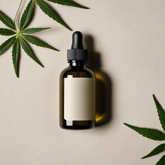3D Bottle of hemp oil with hemp leaves on the table. Top view. 3D illustration