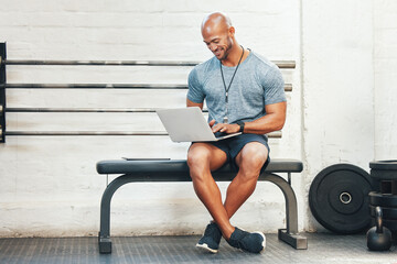 Laptop, typing and manager with man in gym for fitness instructor, planning and digital membership...