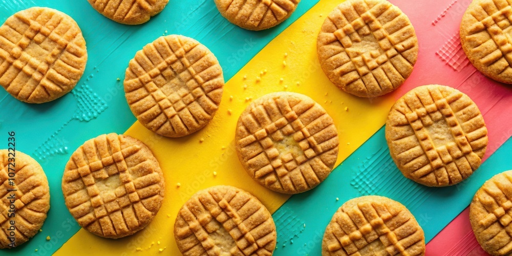Poster A close-up view of freshly baked, golden brown cookies, arranged in a vibrant pattern on a colorful backdrop, showcasing their intricate lattice design and inviting texture.