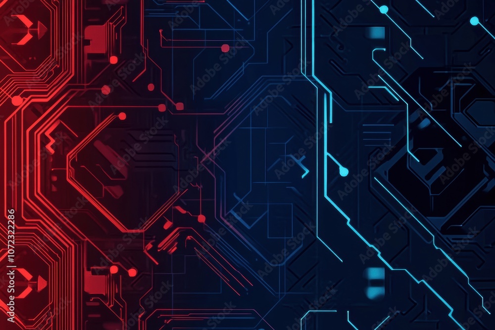 Poster Dynamic cybernetic backdrop featuring red and blue circuitry patterns. Generative AI