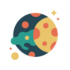 Obraz premium A colorful planet with a yellow moon and green spots. The planet is surrounded by a blue and green swirl