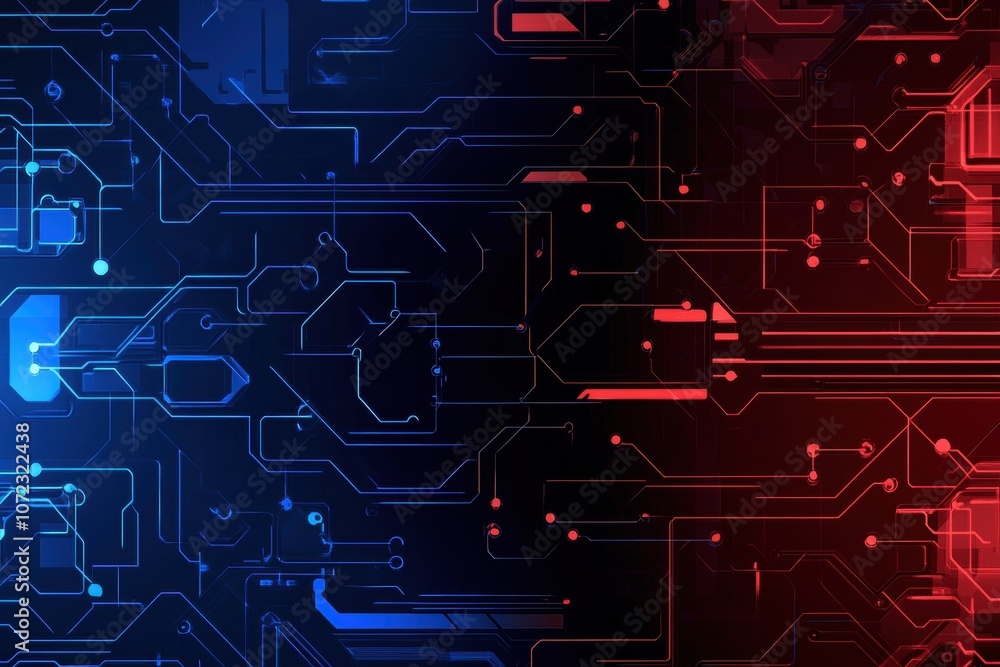 Poster abstract background featuring a cybernetic design in red and blue colors. generative ai