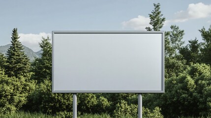 Fototapeta premium A blank billboard stands amidst lush greenery and trees, with mountains in the background under a clear sky.