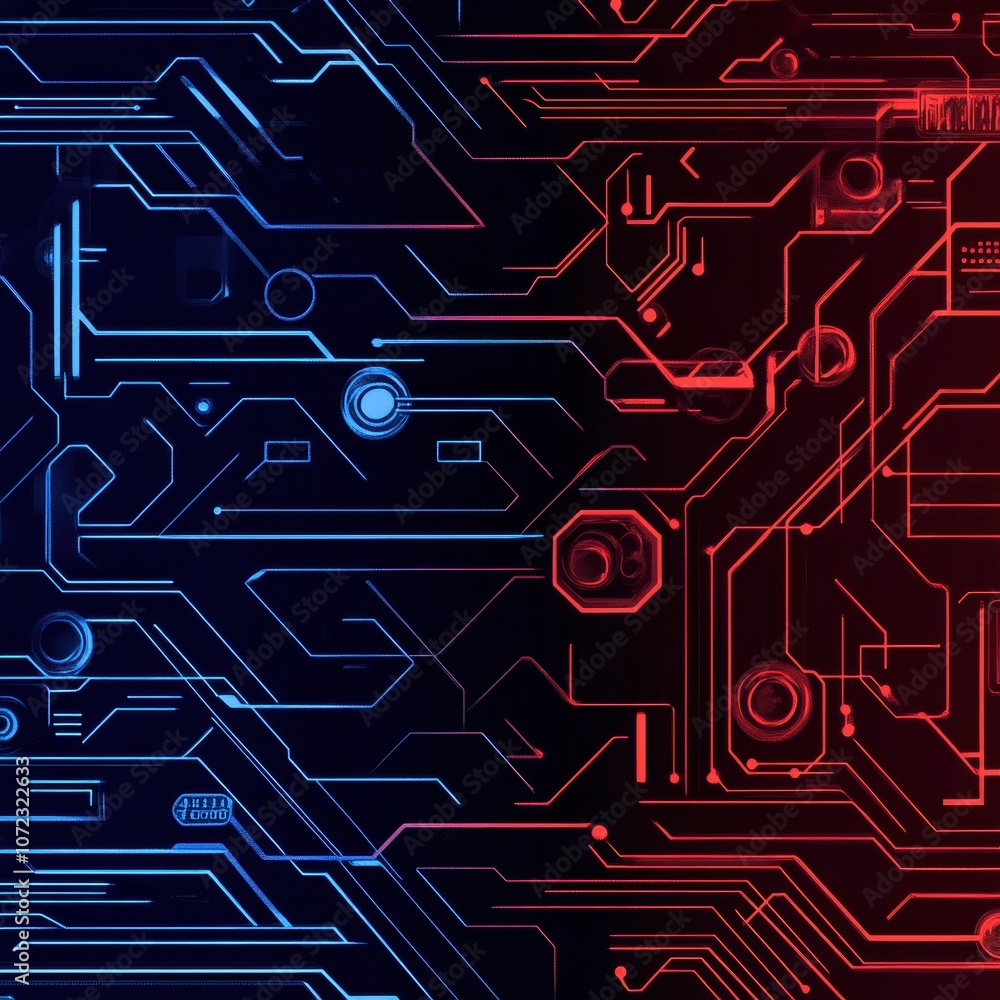 Poster vibrant red and blue cybernetic background featuring intricate circuit patterns. generative ai