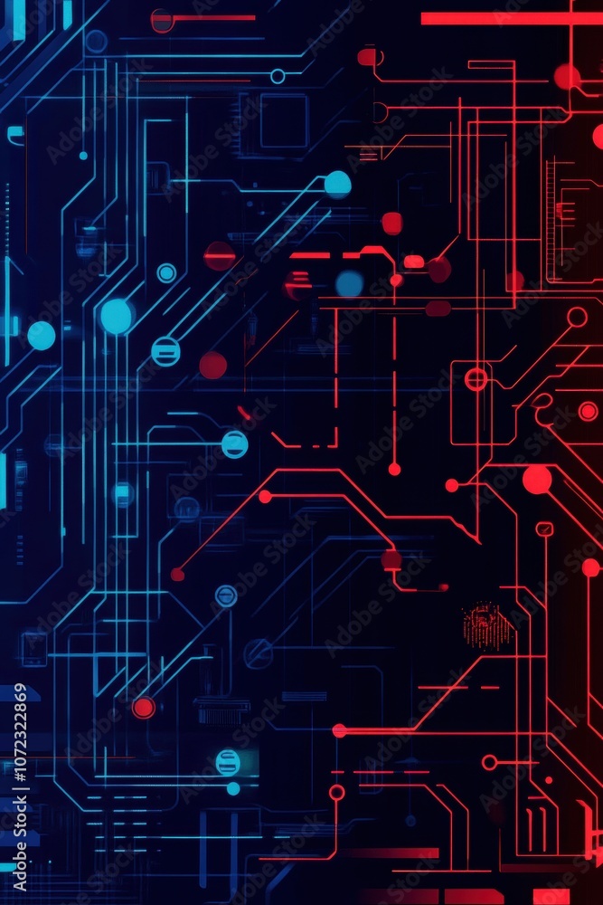 Poster dynamic cybernetic backdrop in striking red and blue colors with intricate designs. generative ai