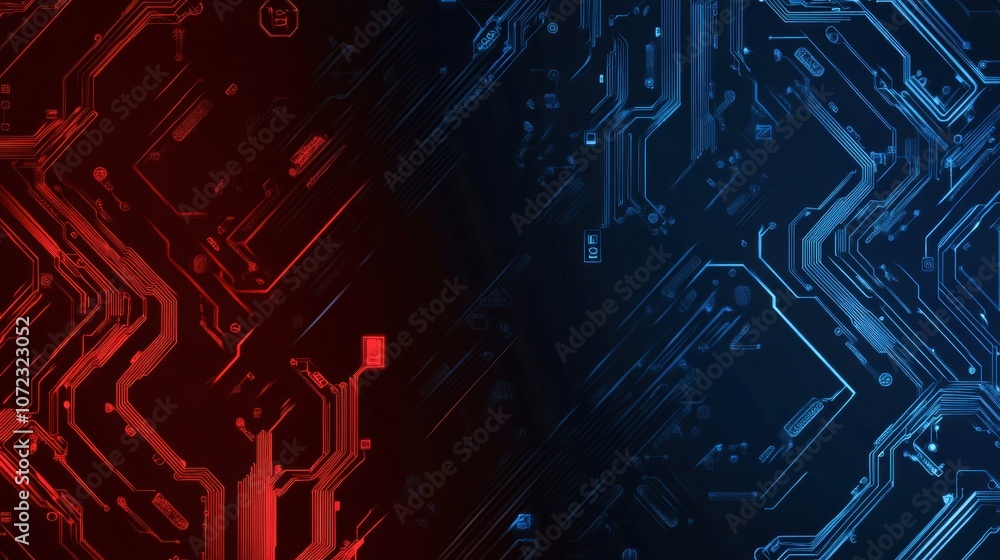 Poster flat cybernetic backdrop in vibrant red and blue with circuit design details. generative ai