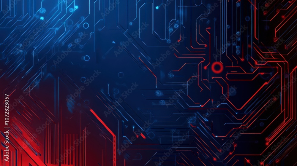 Poster flat cybernetic backdrop featuring red and blue circuitry patterns for digital design. generative ai