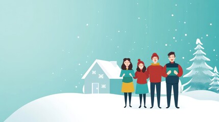 Joyful Carolers Singing in Snowy Village Scene