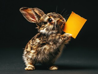 Closeup of a curious rabbit holding a yellow envelope