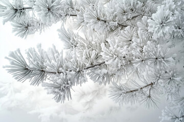 Close-up image of snow-covered spruce branches in a winter forest