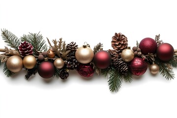 Elegant Christmas Garland with Gold and Red Ornaments, Pinecones, and Fir Branches Isolated on White Background