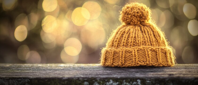 Cozy knitted hat with warm glow of holiday lights in background