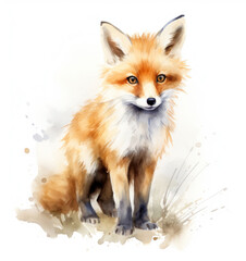 Obraz premium Cute fox cub made in watercolor: bright colors, playful look and soft lines convey charm