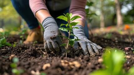 Naklejka premium Hands Planting a Young Seedling in the Soil, Symbolizing Growth and Environmental Care
