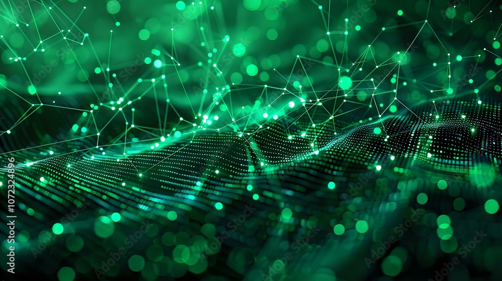 Poster digital representation of interconnected nodes and glowing dots in shades of green, symbolizing data