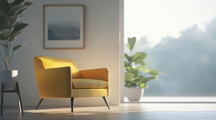 A cozy yellow armchair in a sunlit room with greenery, perfect for relaxation and comfort.