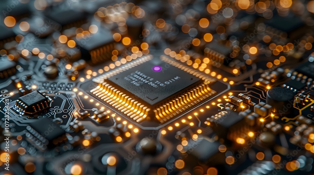 Poster a close-up of a microchip on a circuit board with glowing components, highlighting the intricate des