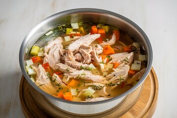 A photo of a pot dish of chicken soup isolated on a white background