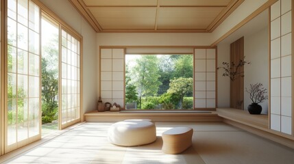 Fototapeta premium A minimalist Japanese room with shoji screens and a serene garden view.