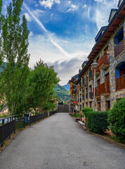 town of Broto street next to the Aragon river, Spain.