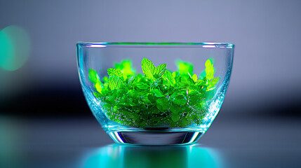 Fresh mint leaves arranged in a clear glass bowl against a softly lit background in a modern kitchen setting