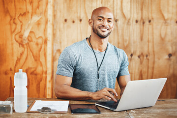 Laptop, portrait and coach with man in gym for fitness instructor, planning and digital membership...