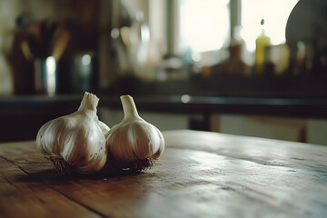 Fresh garlic bulbs resting on a rustic wooden kitchen table in soft morning light