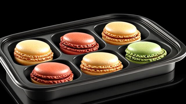 A tray of six colorful macarons, arranged in a black container, ready for a delicious treat