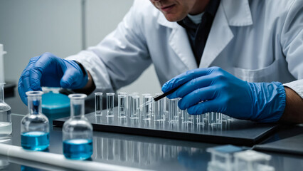 Fototapeta premium Researchers work in blue liquid test tube analyzes in chemical science laboratories or microscopic medical biology experimental technologies.