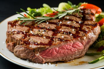 a close-up portion of a juicy flank steak from a vegetable sala
