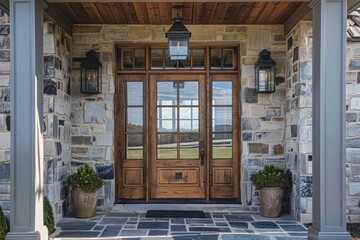 Rustic charm meets modern elegance in this inviting entryway, featuring a beautifully crafted wooden door, stone facade, and stylish lanterns