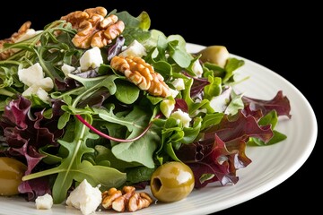 A photo of a close-up shot of a salad with mixed greens