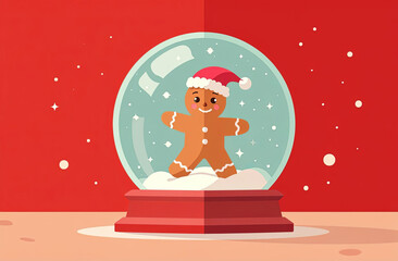 Festive gingerbread man in snow globe with santa hat on red background